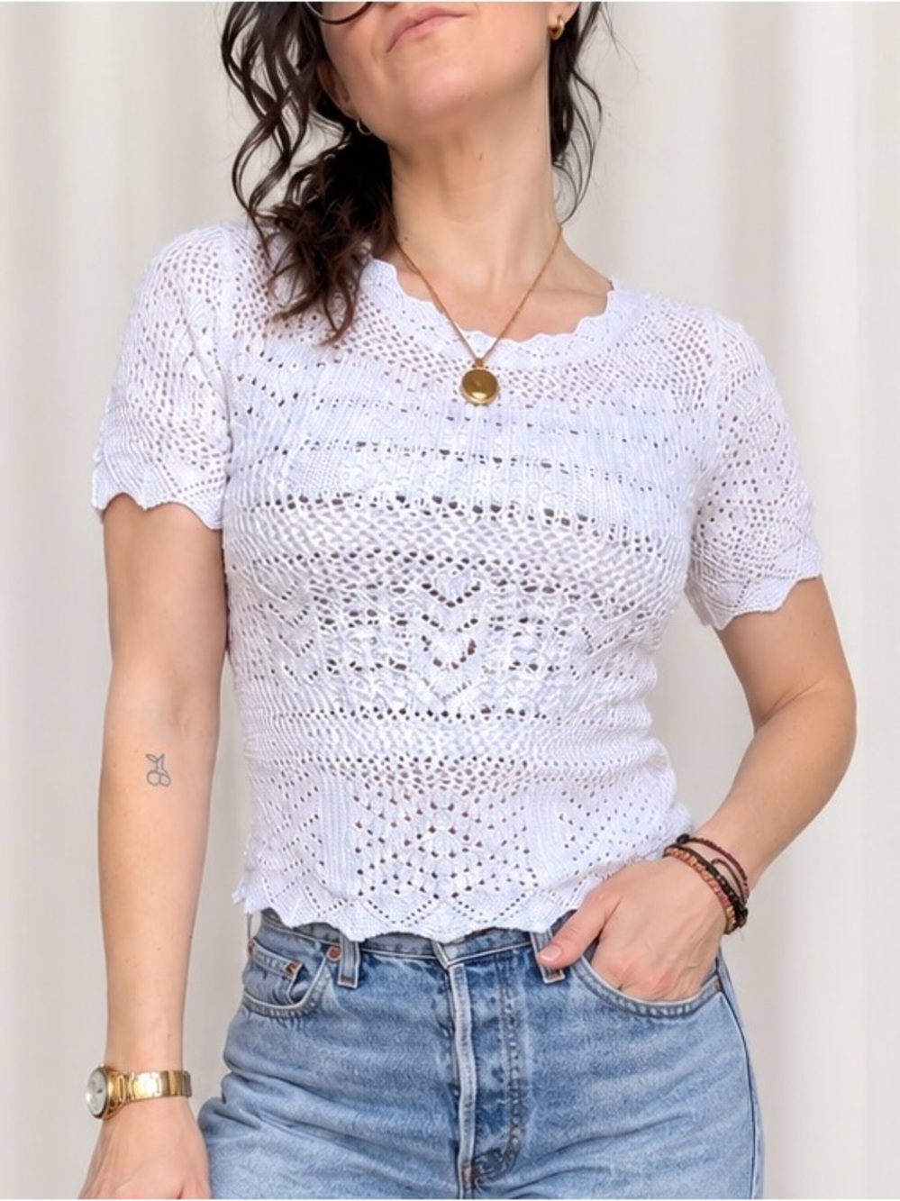 TOPSHOP White Crochet Knit Scallop Hem Top NWOT